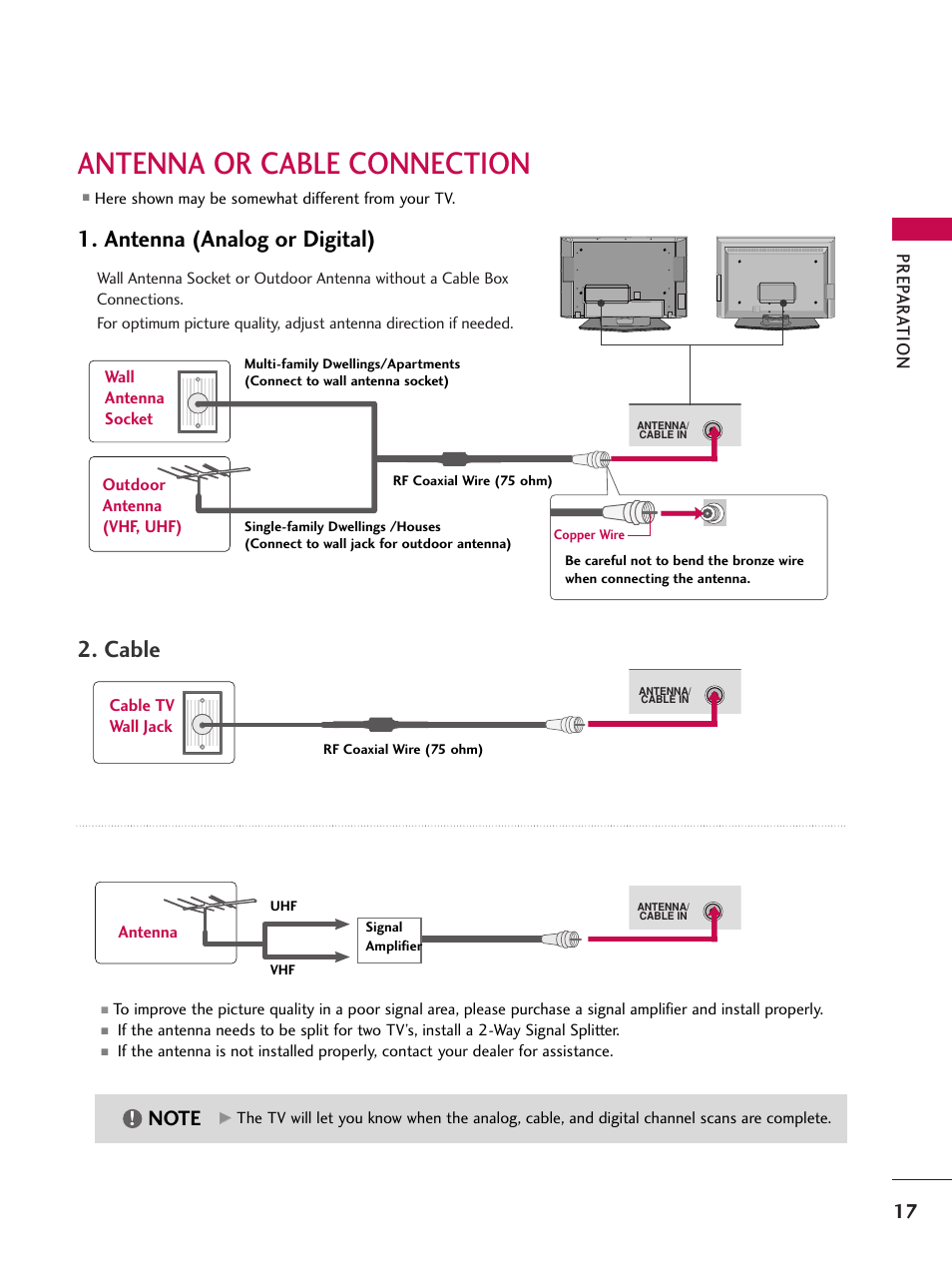 Antenna or cable connection, Antenna (analog or digital), Cable | Prep ar ation, Antenna | LG 37LC7D User Manual | Page 19 / 112