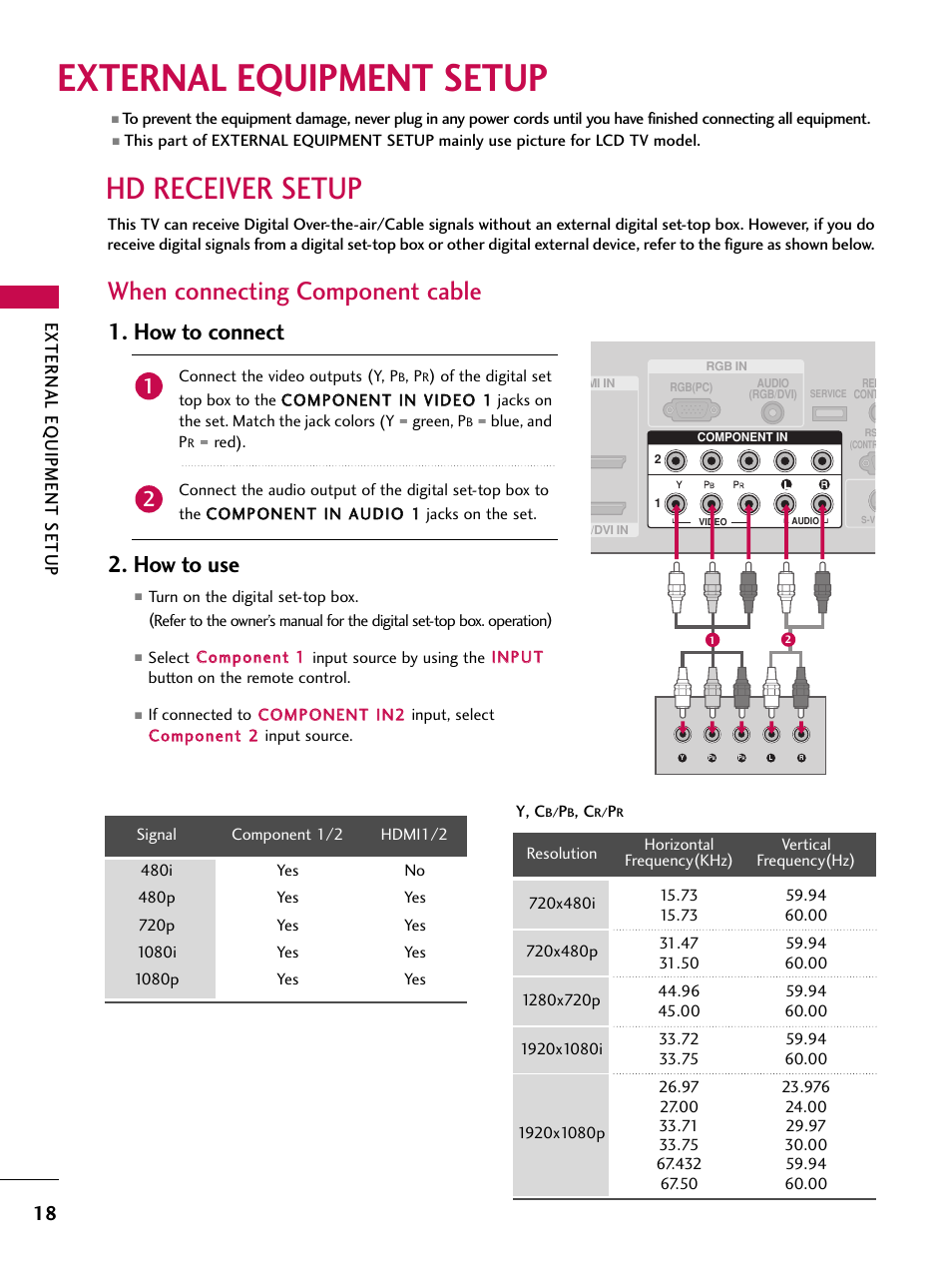 External equipment setup, Hd receiver setup, When connecting component cable | How to connect, How to use, External eq uipment setup | LG 37LC7D User Manual | Page 20 / 112