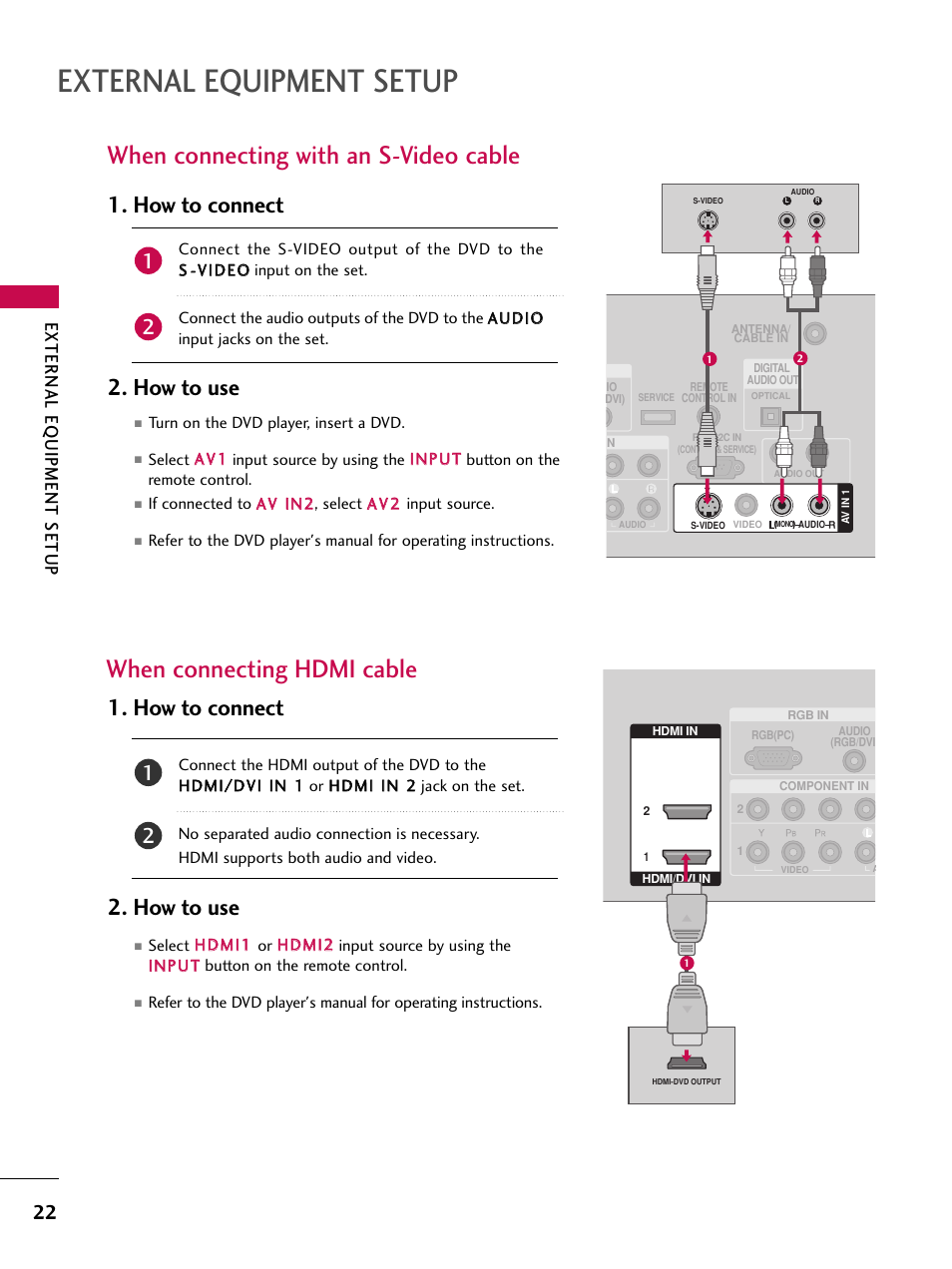 When connecting with an s-video cable, When connecting hdmi cable, External equipment setup | How to connect 2. how to use, External eq uipment setup | LG 37LC7D User Manual | Page 24 / 112