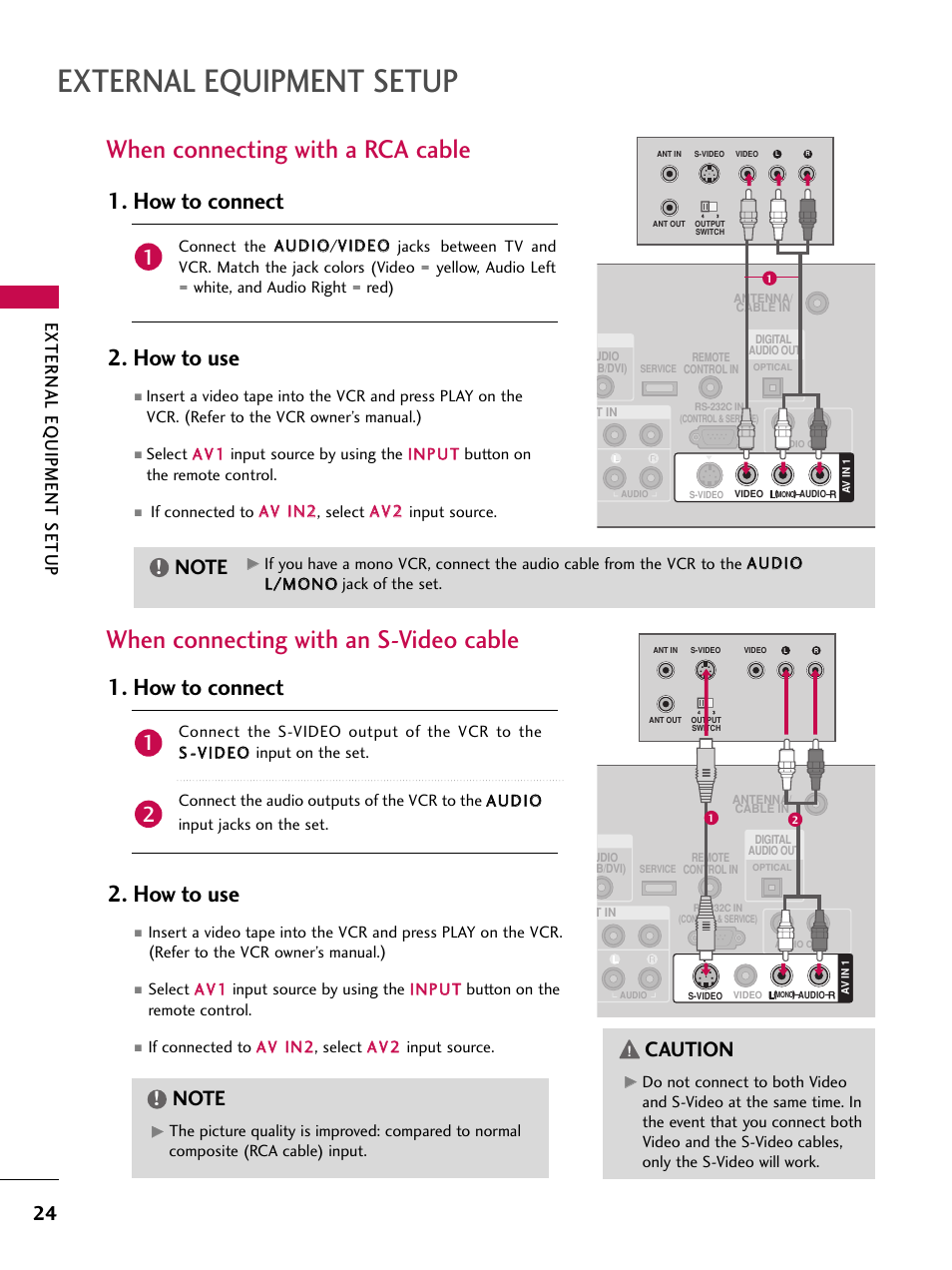 When connecting with a rca cable, When connecting with an s-video cable, External equipment setup | How to connect 2. how to use, Caution, External eq uipment setup | LG 37LC7D User Manual | Page 26 / 112