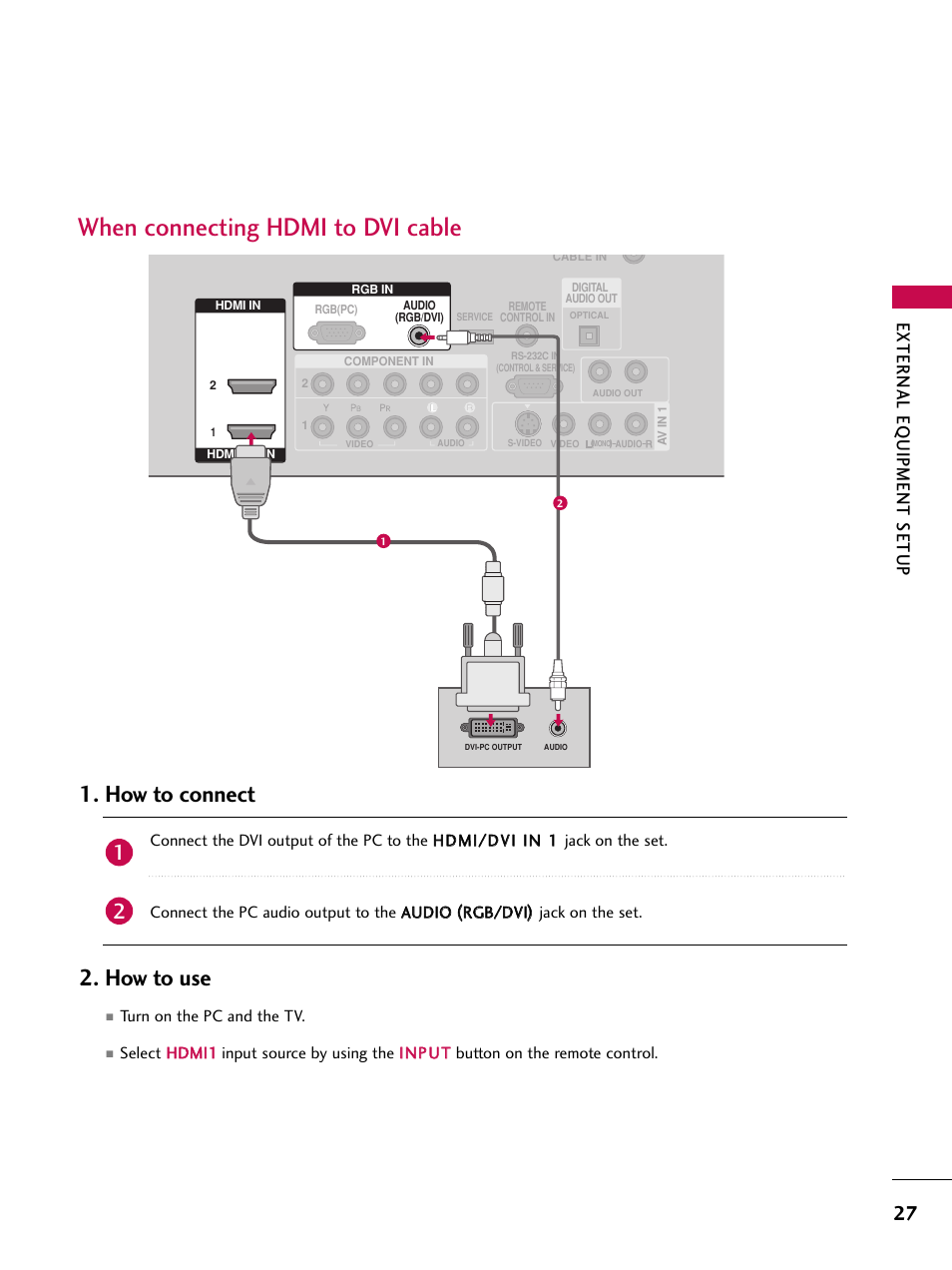 When connecting hdmi to dvi cable, How to connect 2. how to use, External eq uipment setup | LG 37LC7D User Manual | Page 29 / 112