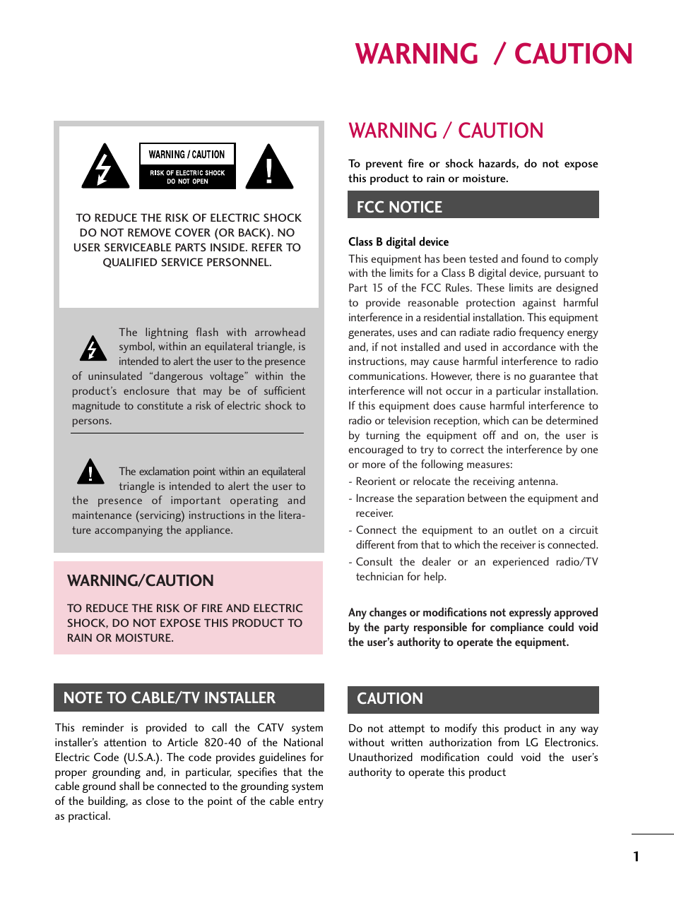 Warning / caution, Fcc notice, Caution | Warning/caution | LG 37LC7D User Manual | Page 3 / 112