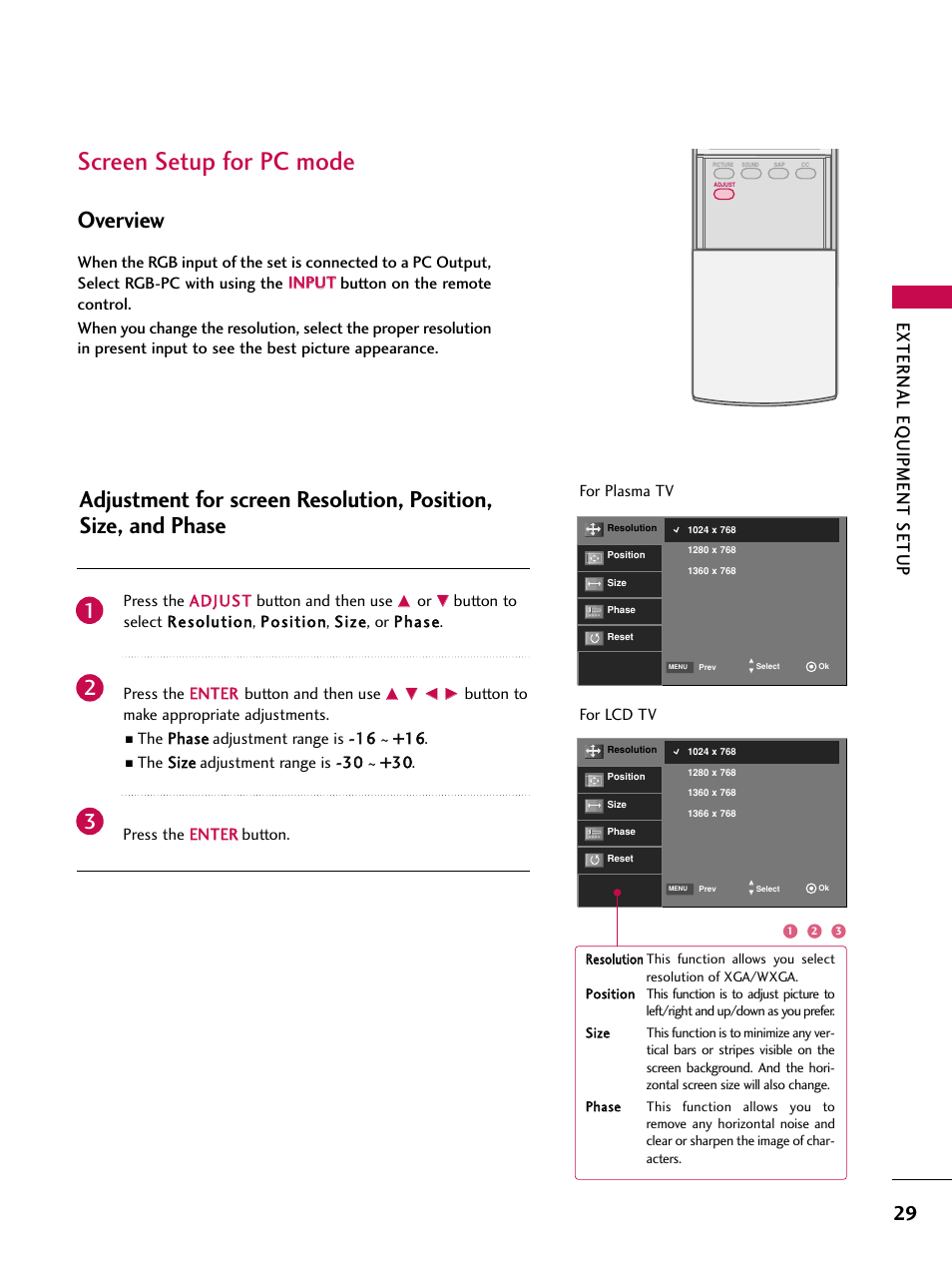 Screen setup for pc mode, Overview, External eq uipment setup | LG 37LC7D User Manual | Page 31 / 112