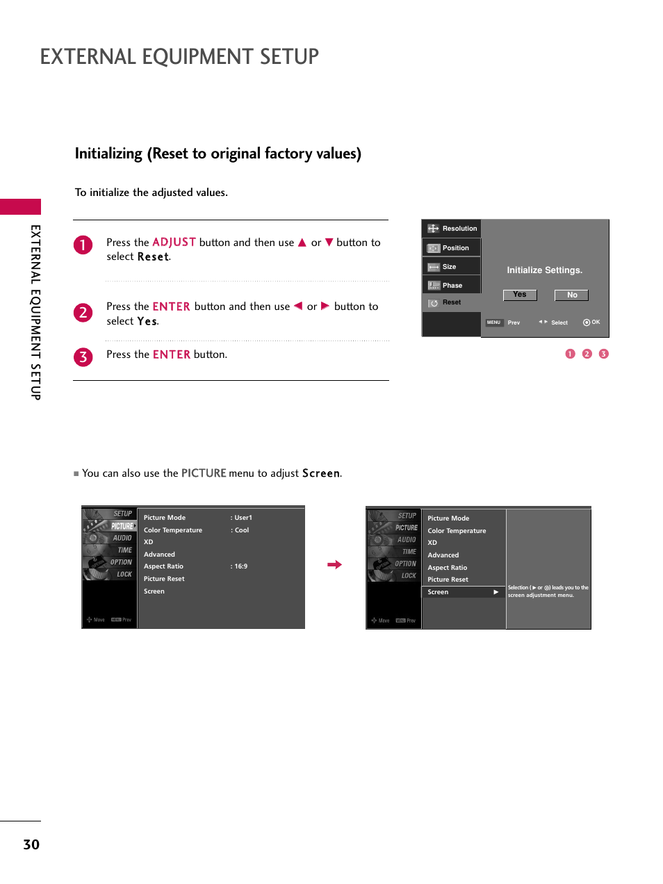 External equipment setup, Initializing (reset to original factory values), External eq uipment setup | LG 37LC7D User Manual | Page 32 / 112