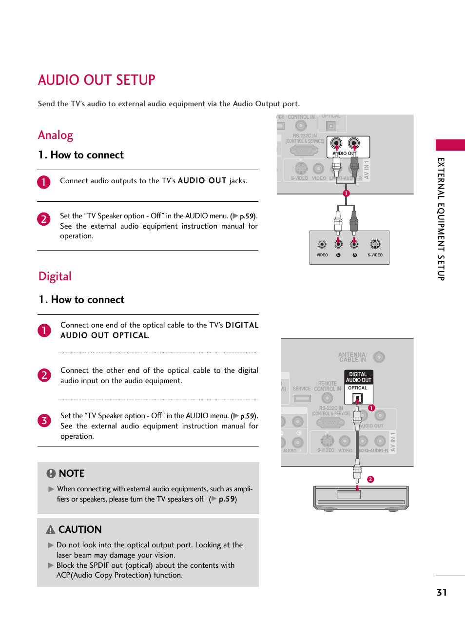 Audio out setup, Analog, Digital | How to connect, Caution, External eq uipment setup | LG 37LC7D User Manual | Page 33 / 112