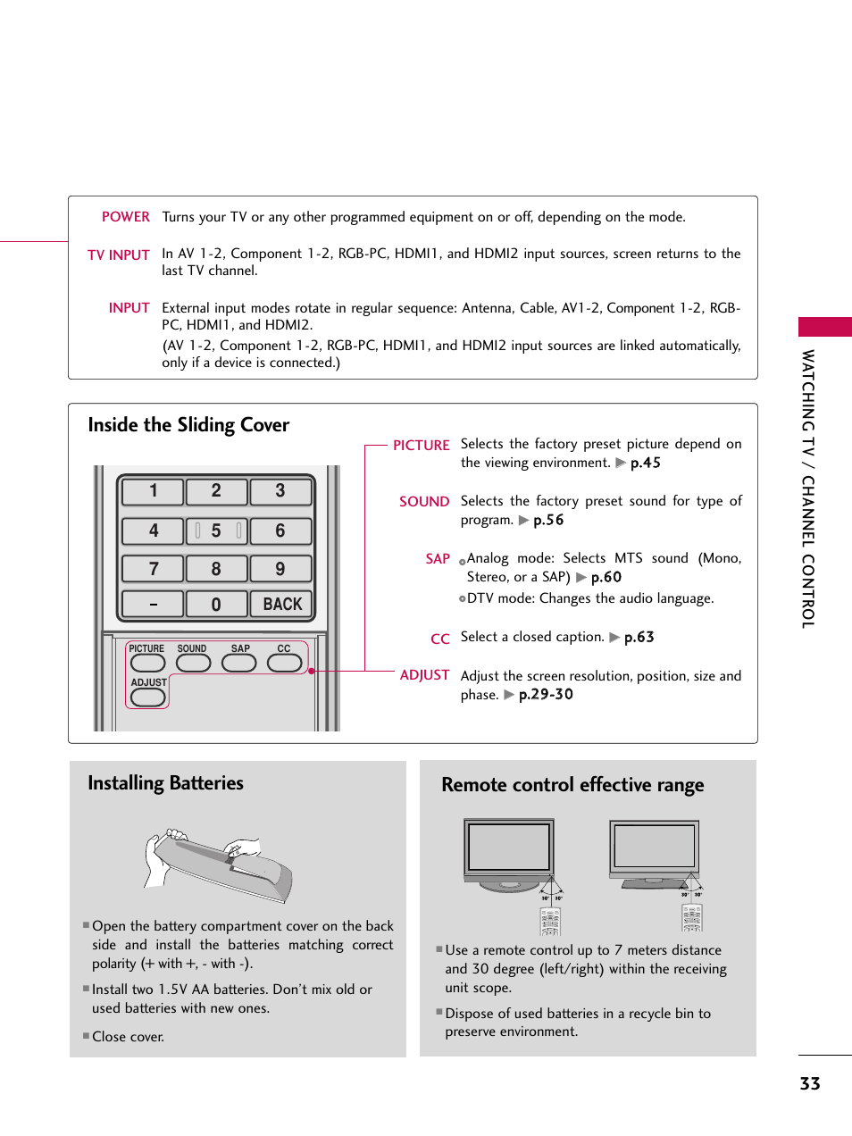 Installing batteries, Remote control effective range, Inside the sliding cover | Watching tv / channel contr ol, Back | LG 37LC7D User Manual | Page 35 / 112