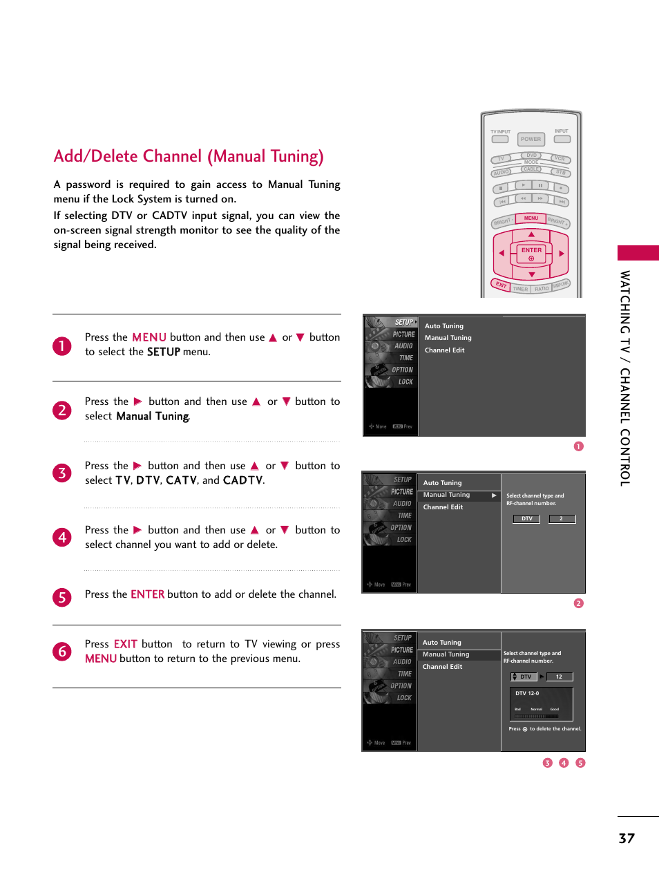 Add/delete channel (manual tuning), Watching tv / channel contr ol | LG 37LC7D User Manual | Page 39 / 112