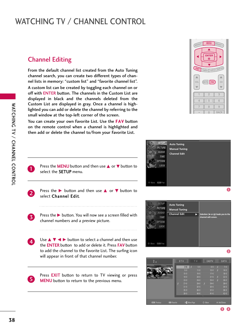 Channel editing, Watching tv / channel control, Watching tv / channel contr ol | LG 37LC7D User Manual | Page 40 / 112