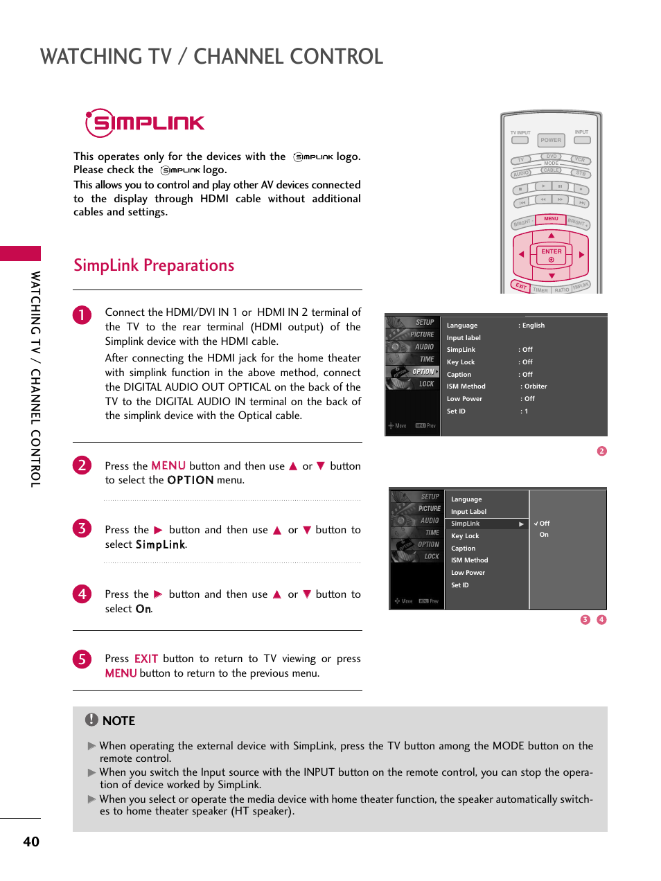 Simplink, Simplink preparations, Watching tv / channel control | Watching tv / channel contr ol | LG 37LC7D User Manual | Page 42 / 112