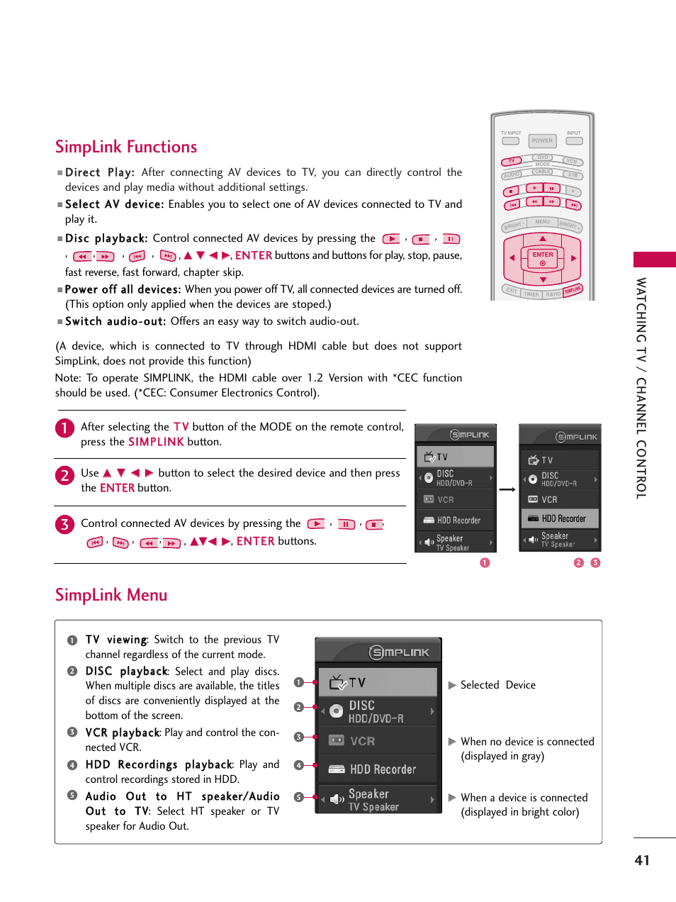 Simplink functions, Simplink menu, Watching tv / channel contr ol | LG 37LC7D User Manual | Page 43 / 112