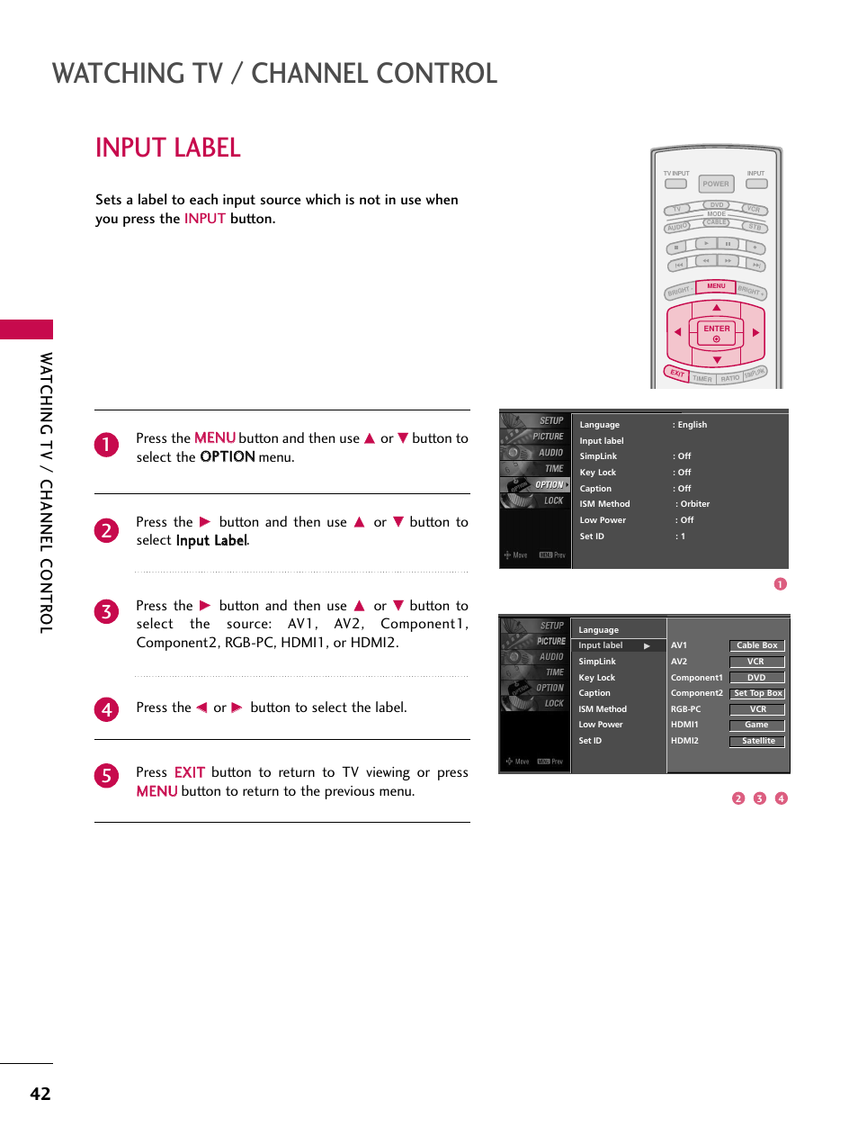 Input label, Watching tv / channel control, Watching tv / channel contr ol | LG 37LC7D User Manual | Page 44 / 112