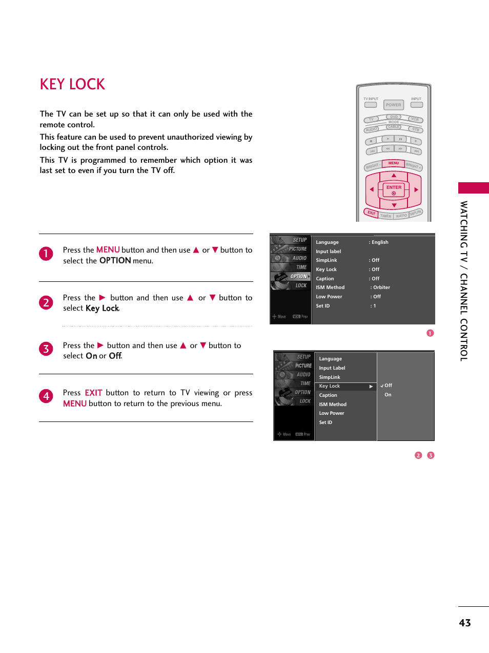 Key lock, Watching tv / channel contr ol | LG 37LC7D User Manual | Page 45 / 112