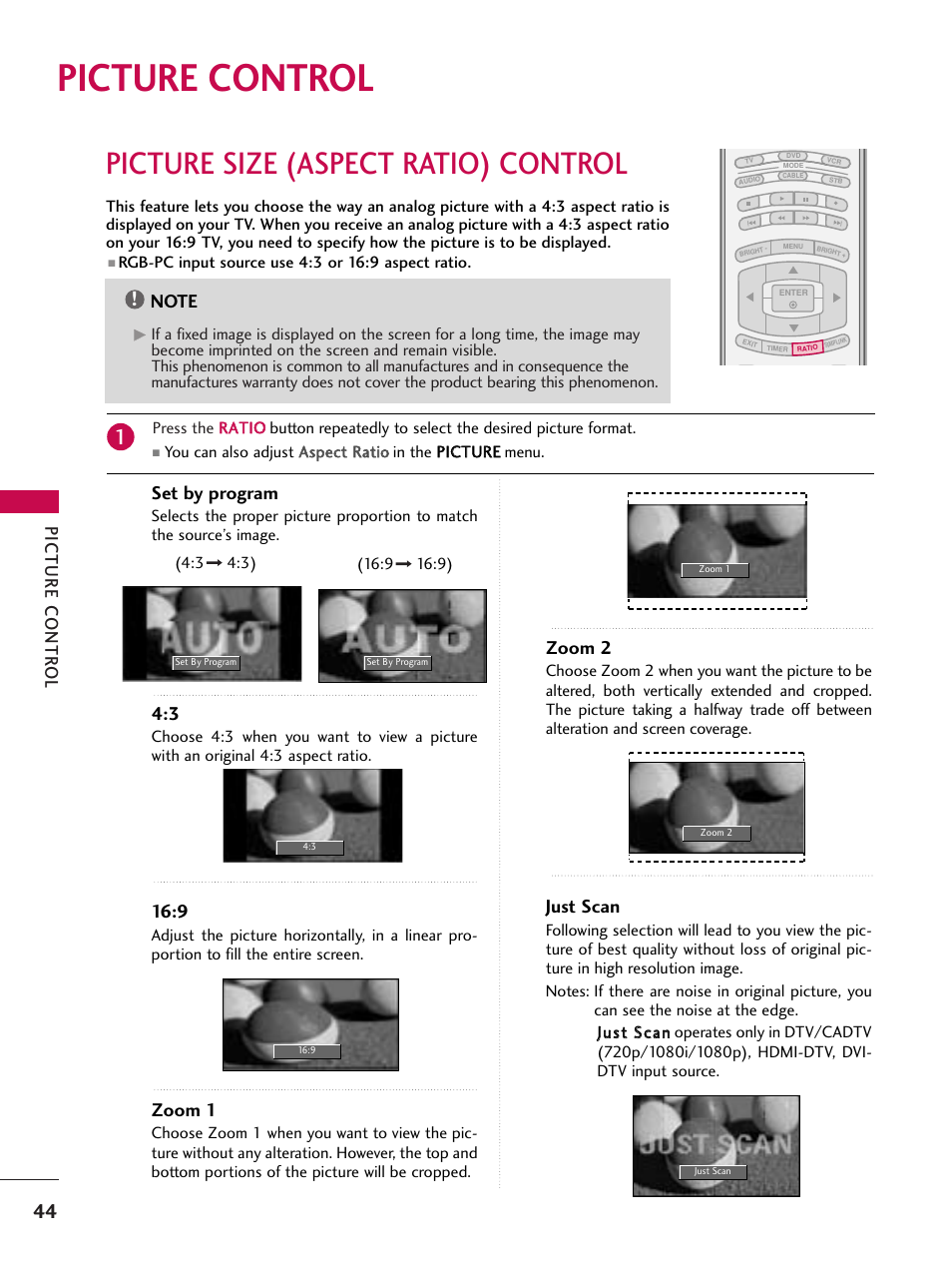 Picture control, Picture size (aspect ratio) control, Picture contr ol | Set by program, Zoom 1, Zoom 2, Just scan | LG 37LC7D User Manual | Page 46 / 112