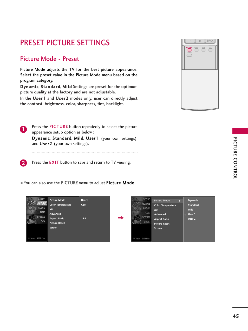 Preset picture settings, Picture mode - preset, Picture contr ol | LG 37LC7D User Manual | Page 47 / 112