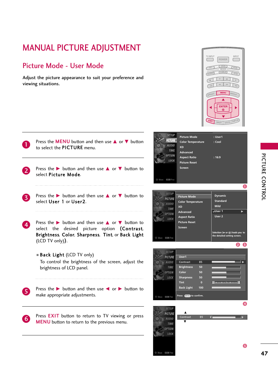 Manual picture adjustment, Picture mode - user mode, Picture contr ol | Button and then use | LG 37LC7D User Manual | Page 49 / 112