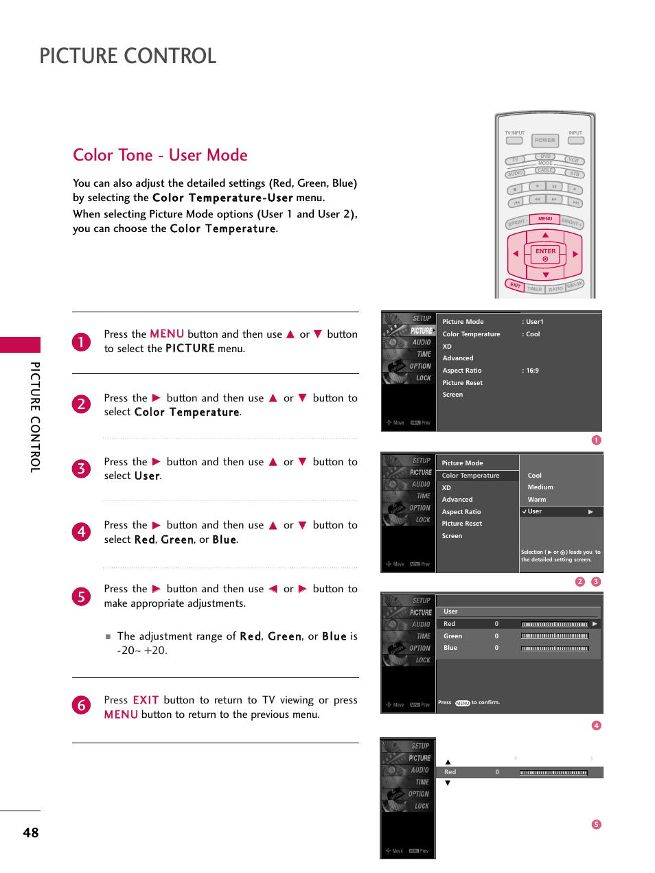 Color tone - user mode, Picture control, Picture contr ol | LG 37LC7D User Manual | Page 50 / 112