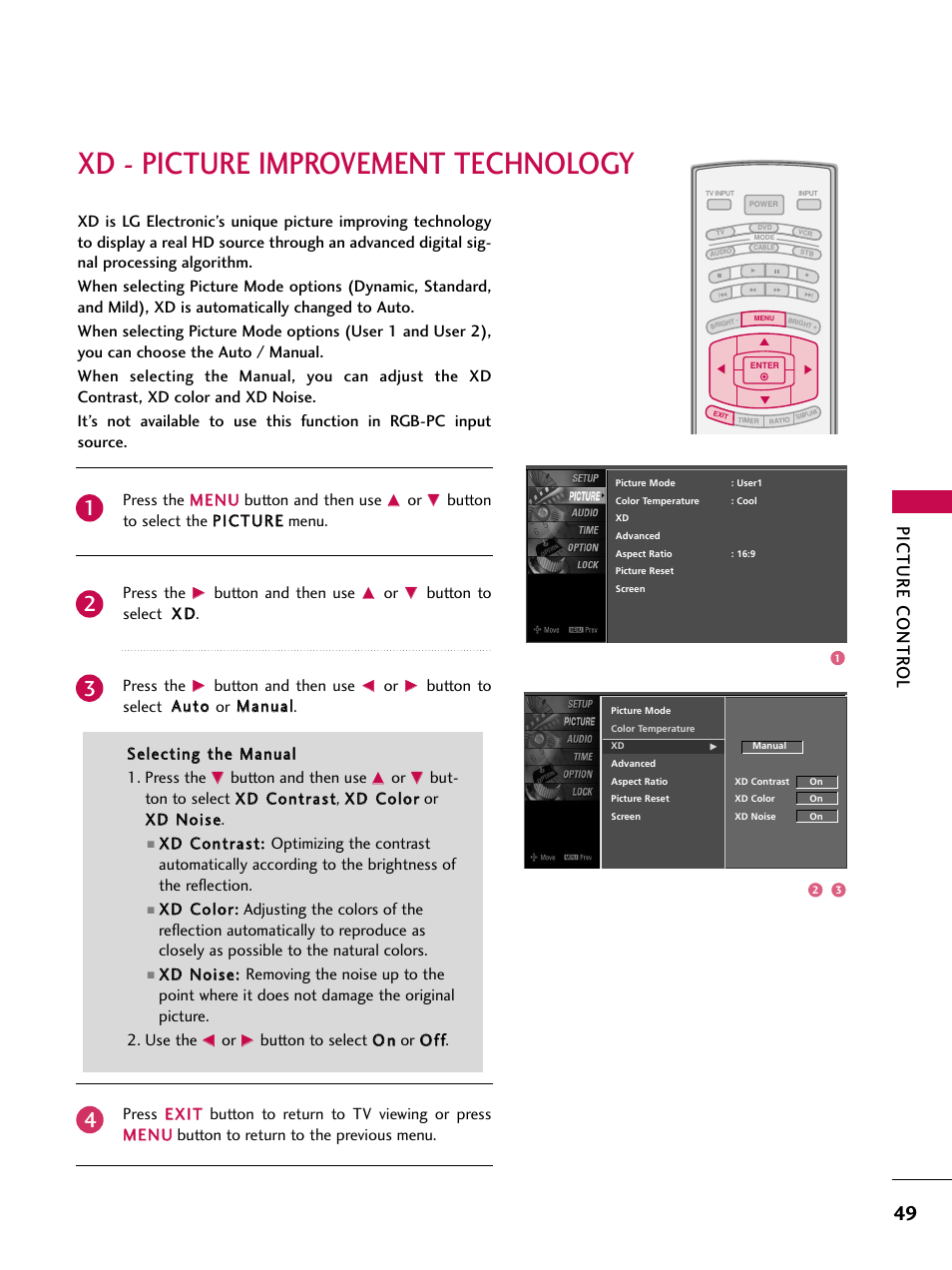 Xd - picture improvement technology, Picture contr ol | LG 37LC7D User Manual | Page 51 / 112