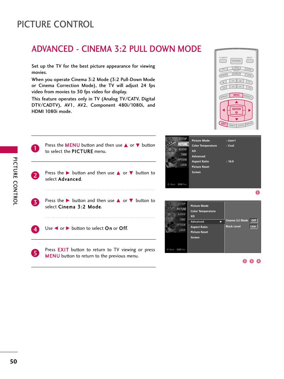 Advanced - cinema 3:2 pull down mode, Picture control, Picture contr ol | LG 37LC7D User Manual | Page 52 / 112