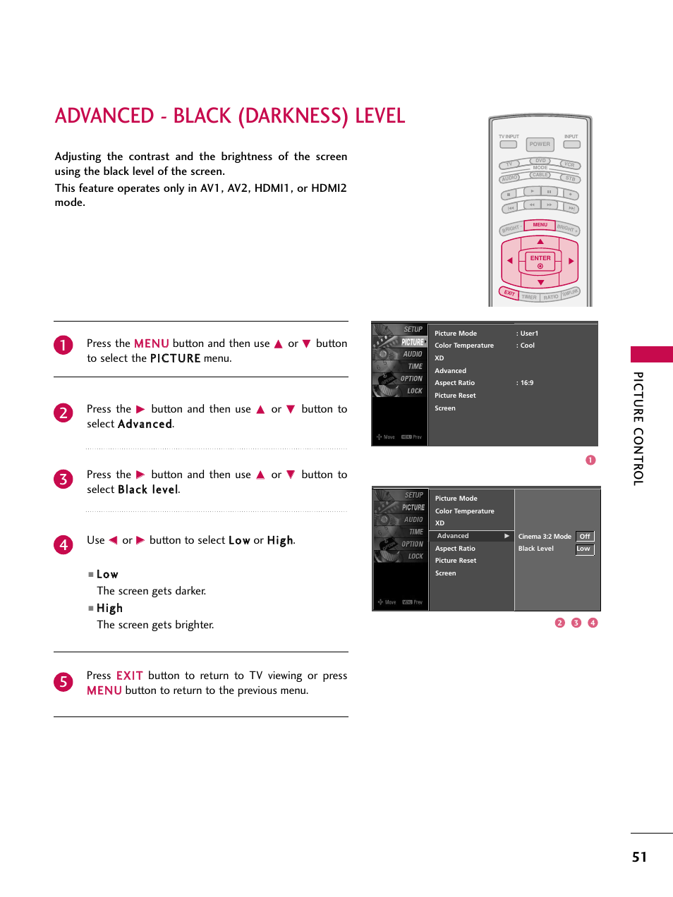 Advanced - black (darkness) level, Picture contr ol | LG 37LC7D User Manual | Page 53 / 112