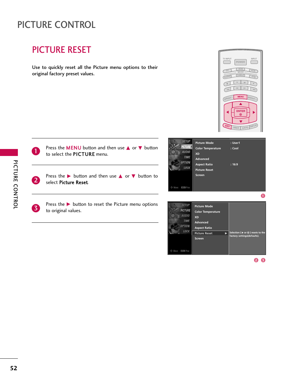 Picture reset, Picture control, Picture contr ol | Press the m meen nu u button and then use, Button and then use | LG 37LC7D User Manual | Page 54 / 112