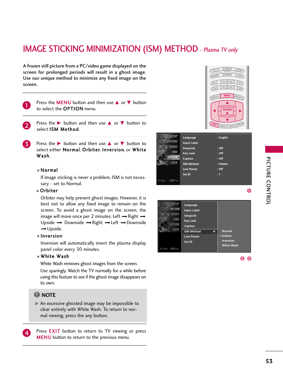 Image sticking minimization (ism) method, Plasma tv only, Picture contr ol | LG 37LC7D User Manual | Page 55 / 112