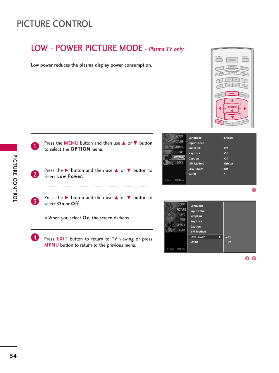 Low - power picture mode - plasma tv only, Picture control, Low - power picture mode | Plasma tv only, Picture contr ol | LG 37LC7D User Manual | Page 56 / 112