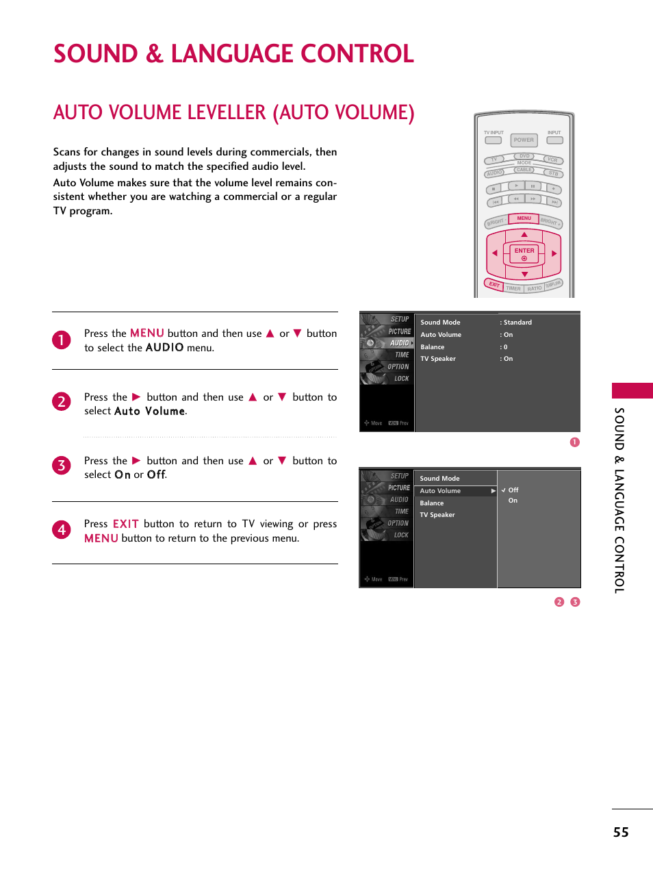 Sound & language control, Auto volume leveller (auto volume), Sound & langu a ge contr ol | LG 37LC7D User Manual | Page 57 / 112