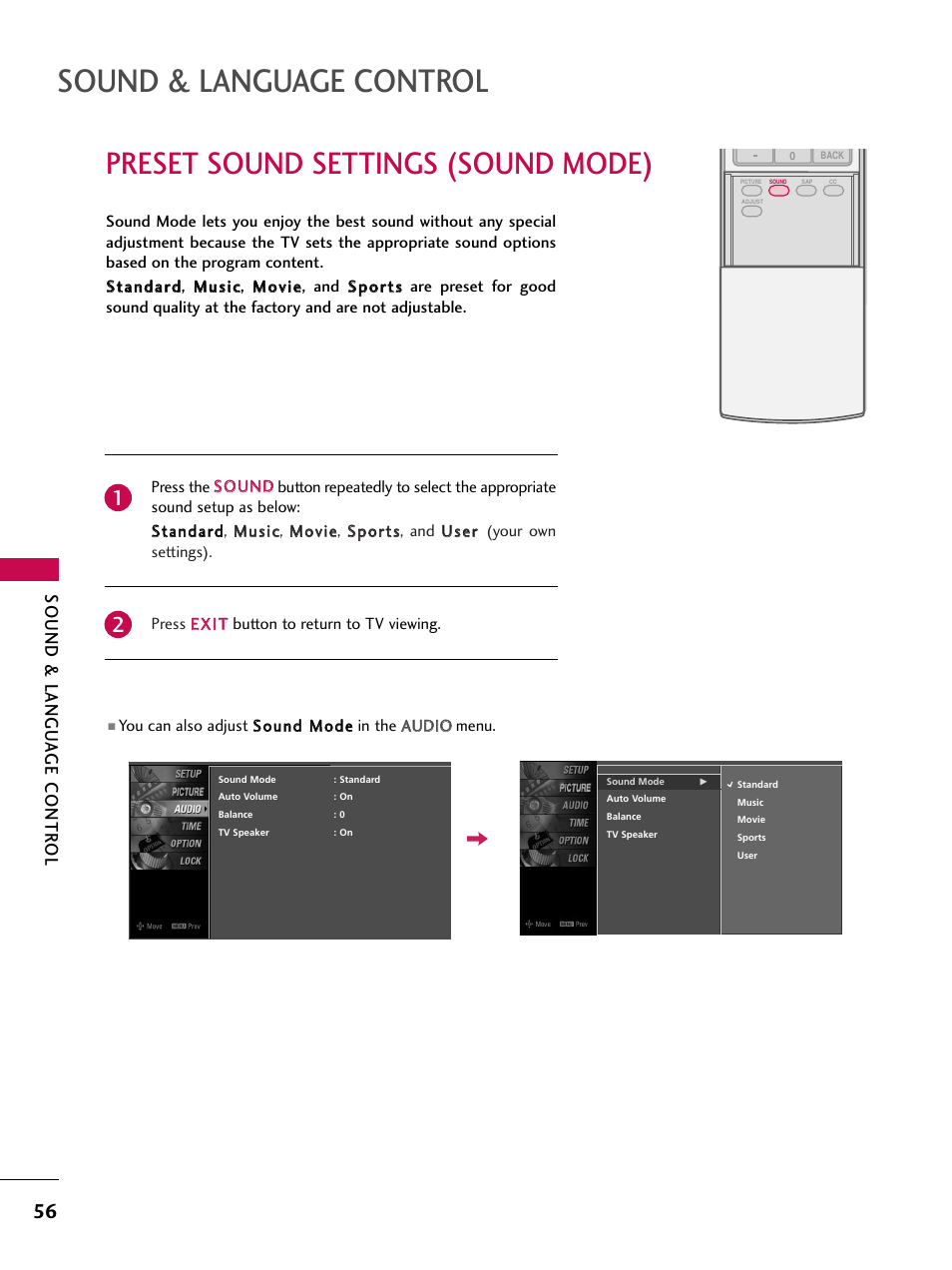 Preset sound settings (sound mode), Sound & language control, Sound & langu a ge contr ol | LG 37LC7D User Manual | Page 58 / 112