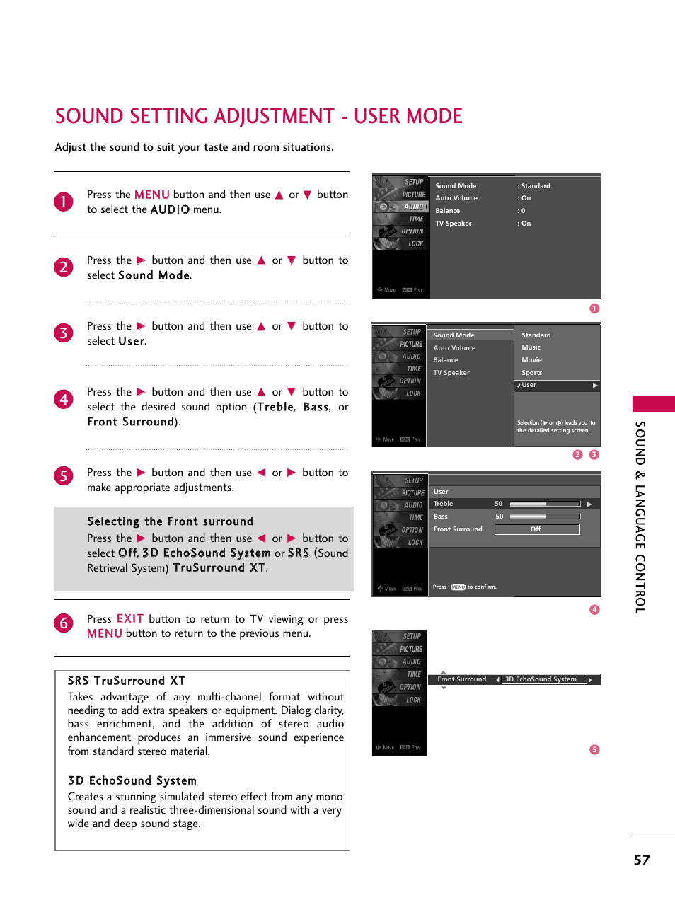 Sound setting adjustment - user mode, Sound & langu a ge contr ol | LG 37LC7D User Manual | Page 59 / 112