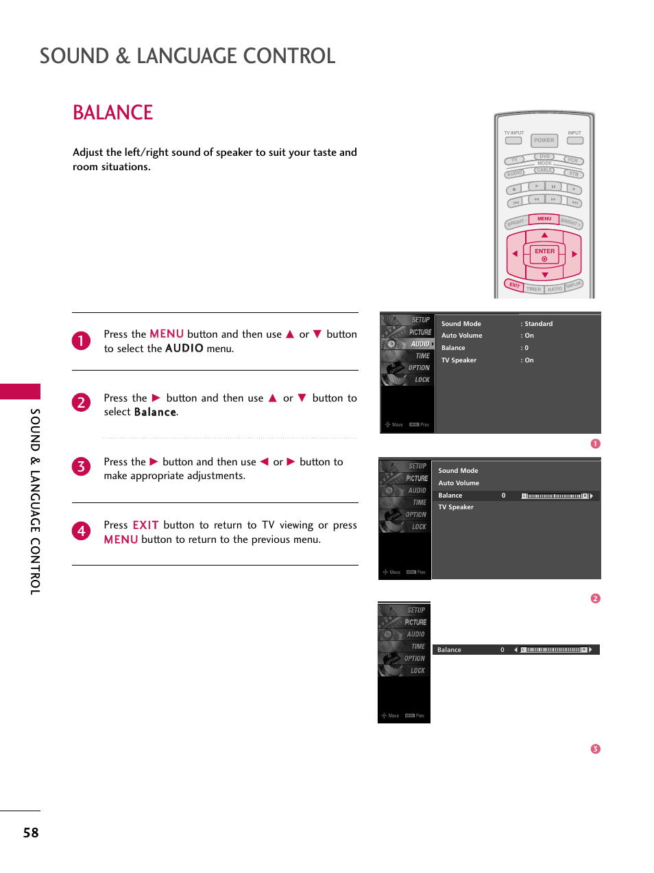 Balance, Sound & language control, Sound & langu a ge contr ol | LG 37LC7D User Manual | Page 60 / 112