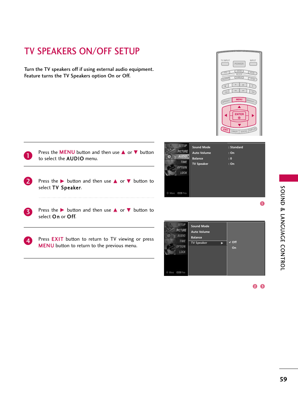 Tv speakers on/off setup, Sound & langu a ge contr ol | LG 37LC7D User Manual | Page 61 / 112