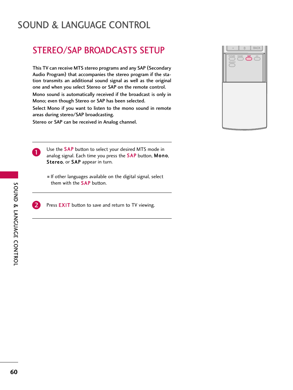 Stereo/sap broadcasts setup, Sound & language control | LG 37LC7D User Manual | Page 62 / 112