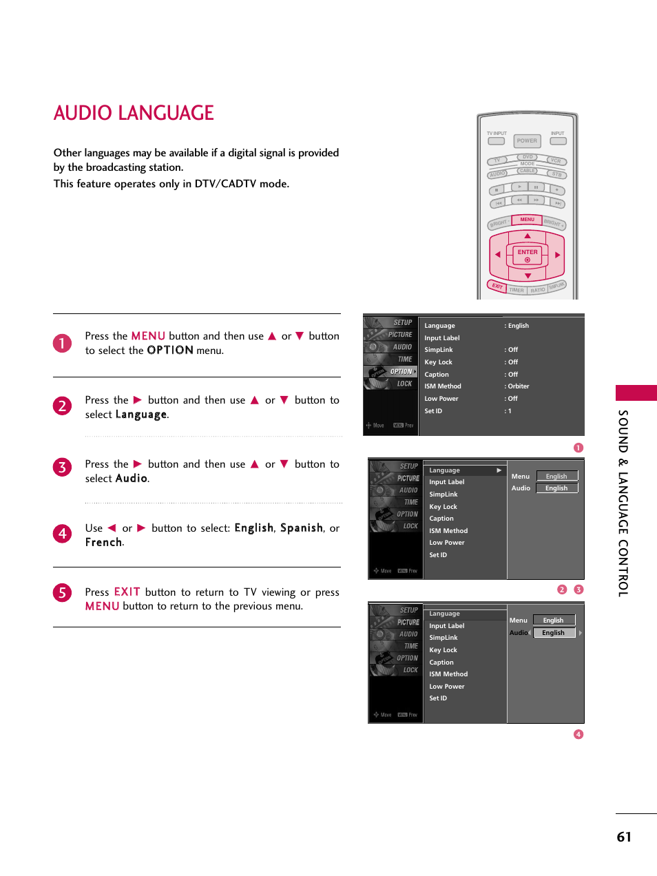 Audio language, Sound & langu a ge contr ol, Button and then use | Button to select llaanngguuaaggee. press the, Button to select a auud diio o. use | LG 37LC7D User Manual | Page 63 / 112