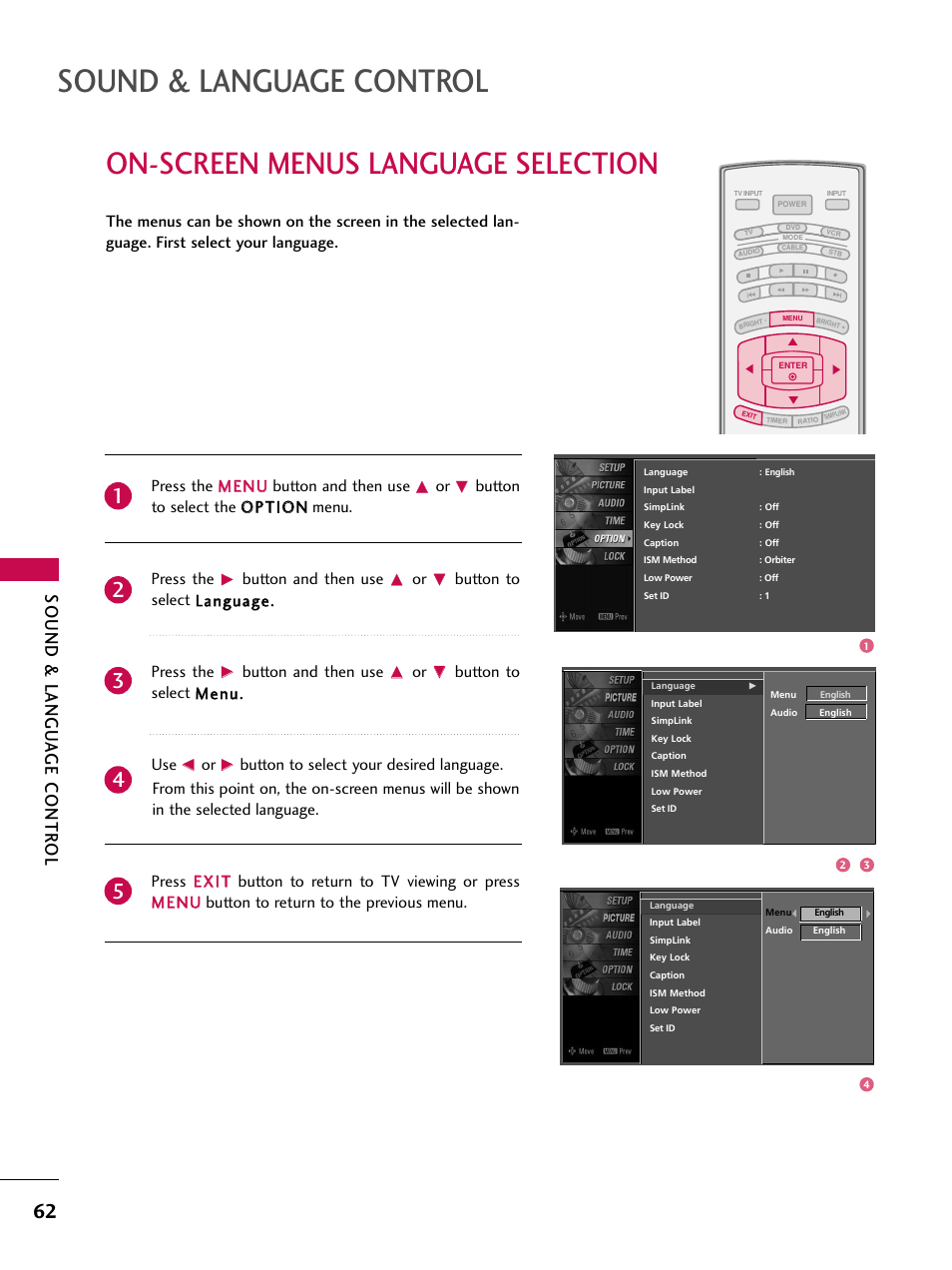 On-screen menus language selection, Sound & language control, Sound & langu a ge contr ol | Button and then use, Button to select llaanngguuaaggee.. press the, Button to select m meennuu.. use | LG 37LC7D User Manual | Page 64 / 112