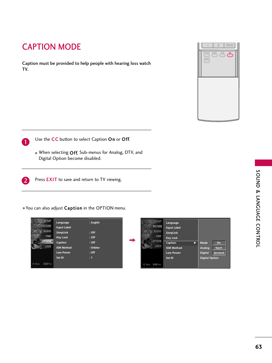 Caption mode, Sound & langu a ge contr ol | LG 37LC7D User Manual | Page 65 / 112