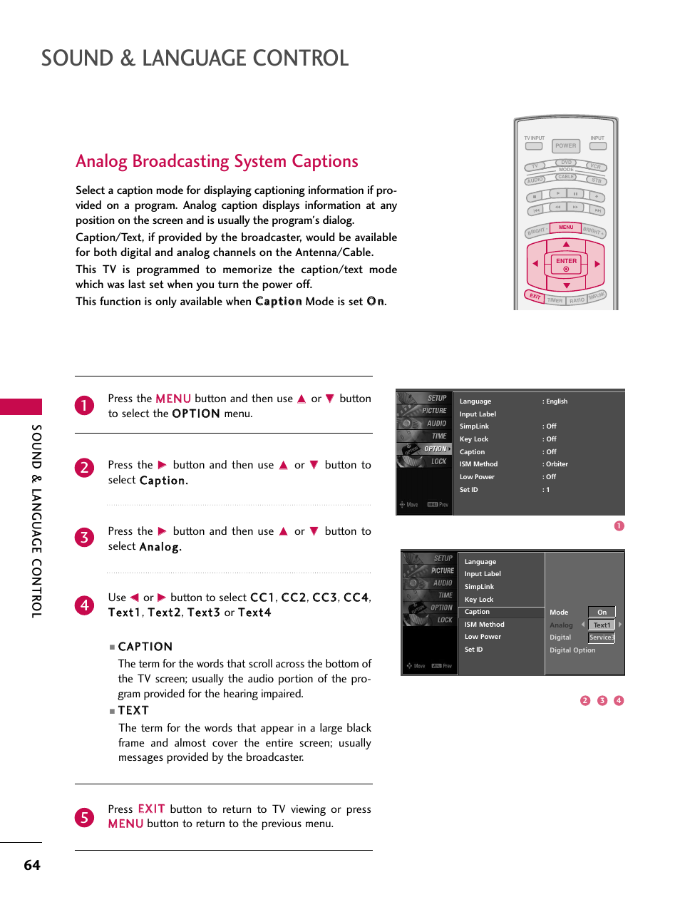 Analog broadcasting system captions, Sound & language control, Sound & langu a ge contr ol | LG 37LC7D User Manual | Page 66 / 112