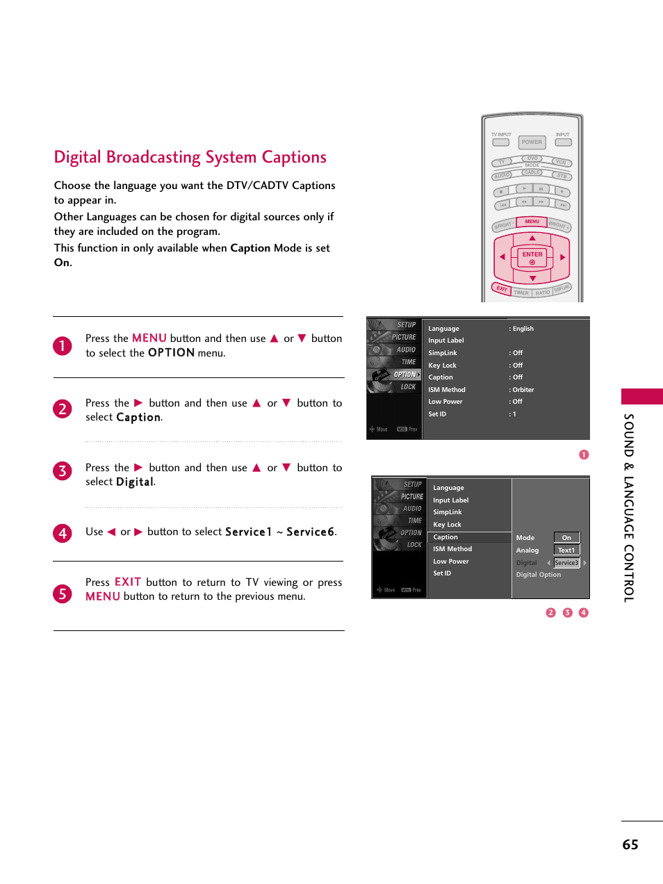 Digital broadcasting system captions, Sound & langu a ge contr ol | LG 37LC7D User Manual | Page 67 / 112