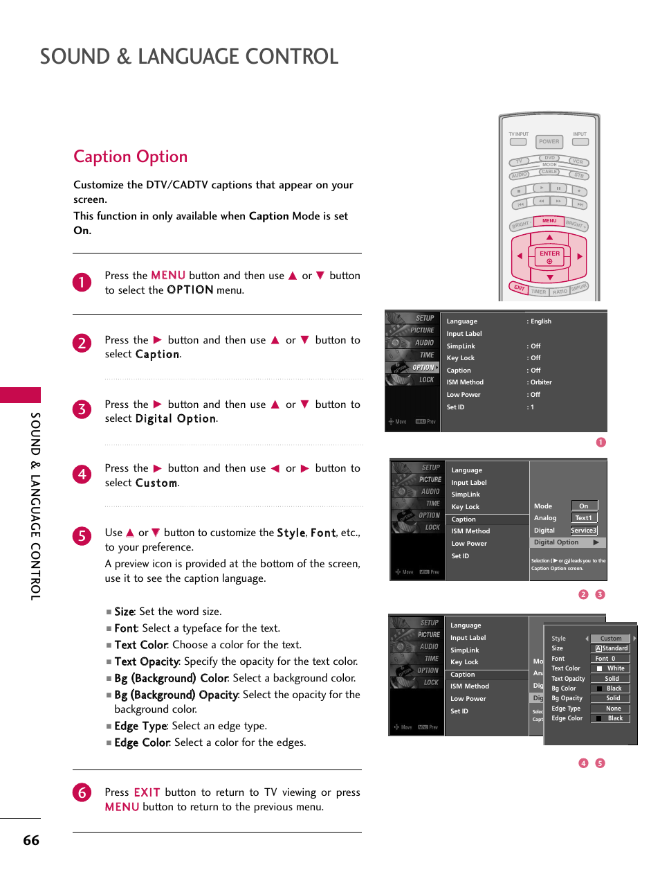 Caption option, Sound & language control, Sound & langu a ge contr ol | LG 37LC7D User Manual | Page 68 / 112