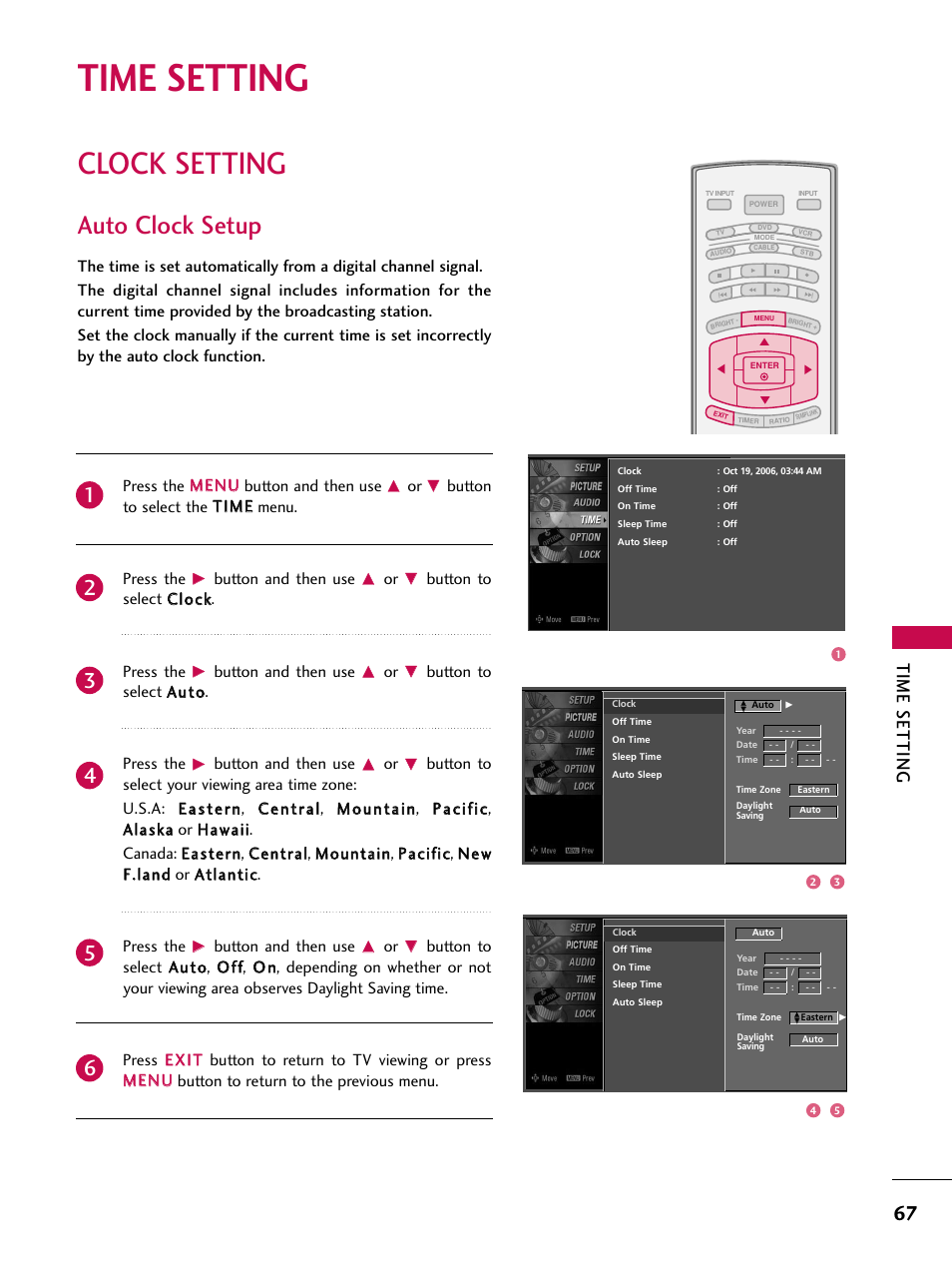 Time setting, Clock setting, Auto clock setup | LG 37LC7D User Manual | Page 69 / 112