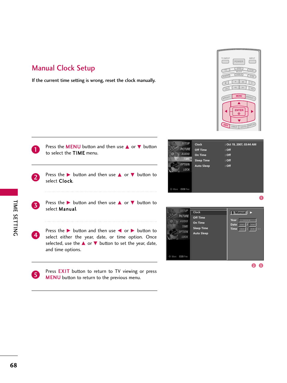 Manual clock setup, Time setting, Button to select the t tiim mee menu. press the | Button and then use, Button to select c cllo occkk. press the, Button to select m maannuuaall. press the | LG 37LC7D User Manual | Page 70 / 112