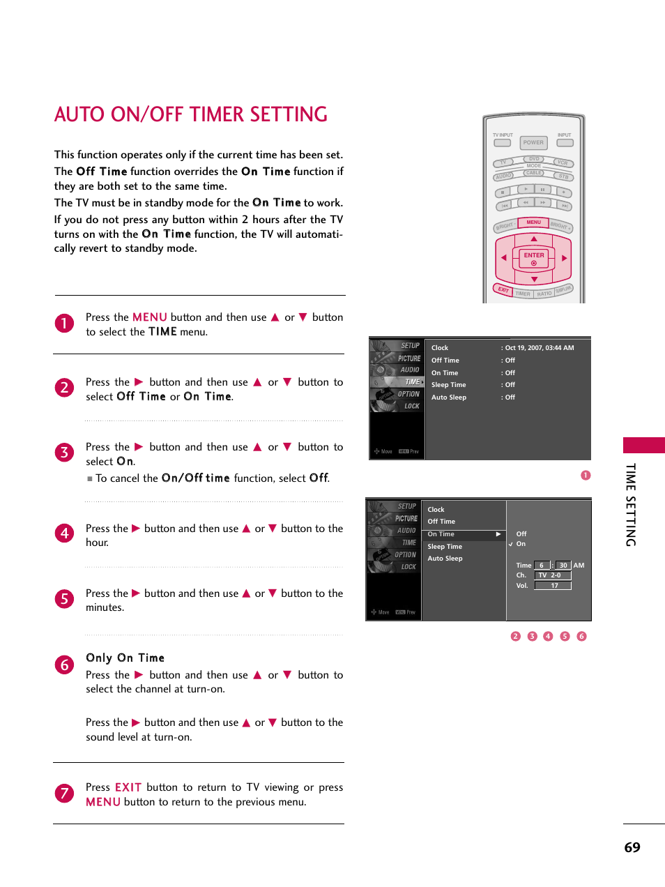 Auto on/off timer setting, Time setting | LG 37LC7D User Manual | Page 71 / 112