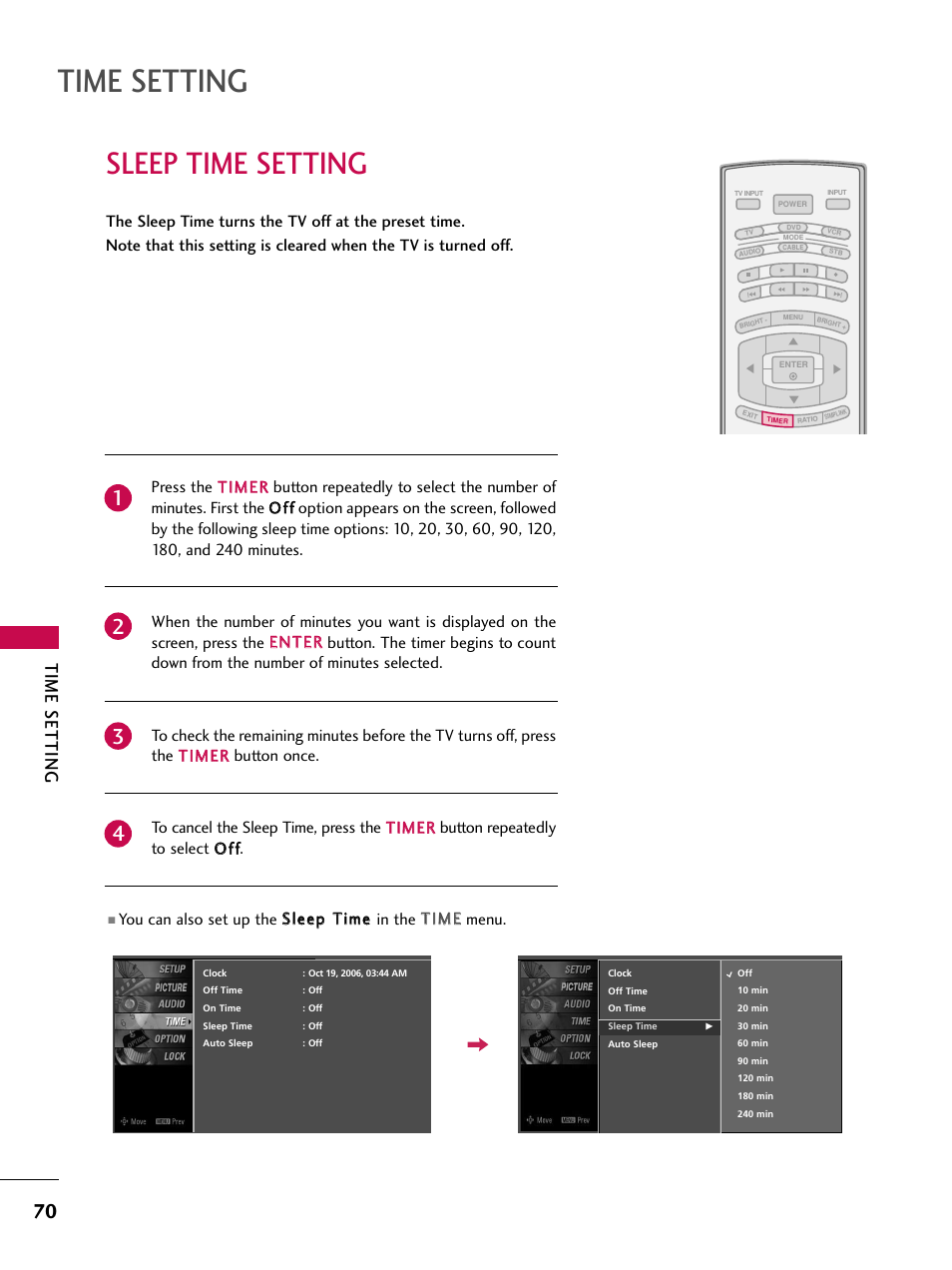 Sleep time setting, Time setting | LG 37LC7D User Manual | Page 72 / 112