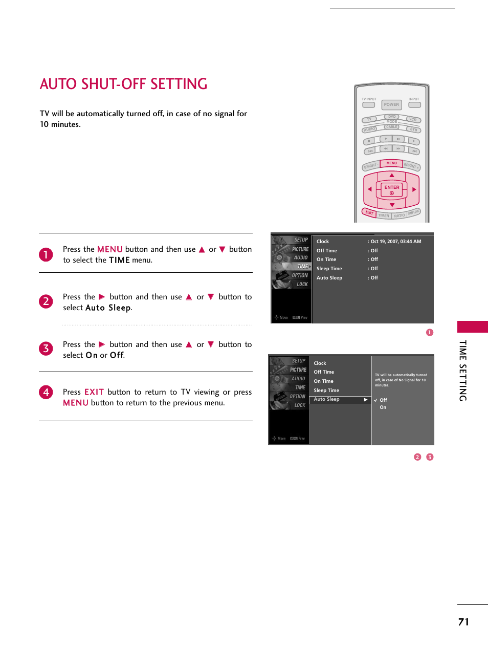 Auto shut-off setting, Time setting, Button to select the t tiim mee menu. press the | Button and then use | LG 37LC7D User Manual | Page 73 / 112