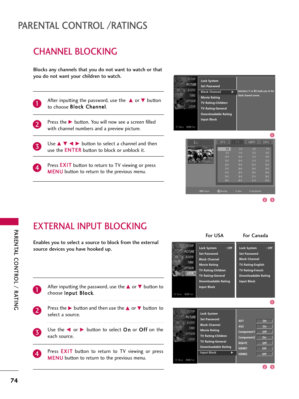 Channel blocking, External input blocking, Parental control /ratings | Parent al contr ol / r ating | LG 37LC7D User Manual | Page 76 / 112