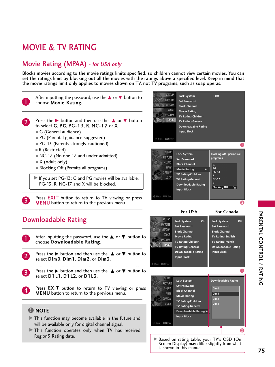 Movie & tv rating, Movie rating (mpaa) - for usa only, Downloadable rating | Movie rating (mpaa), For usa only, Parent al contr ol / r ating | LG 37LC7D User Manual | Page 77 / 112