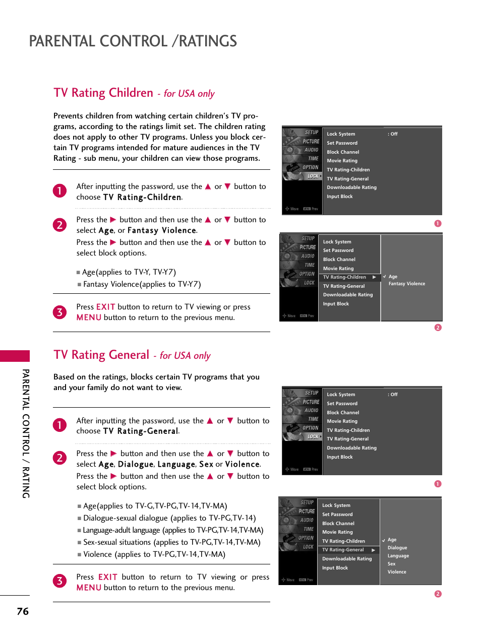 Tv rating children - for usa only, Tv rating general - for usa only, Parental control /ratings | Tv rating children, Tv rating general, For usa only, Parent al contr ol / r ating | LG 37LC7D User Manual | Page 78 / 112