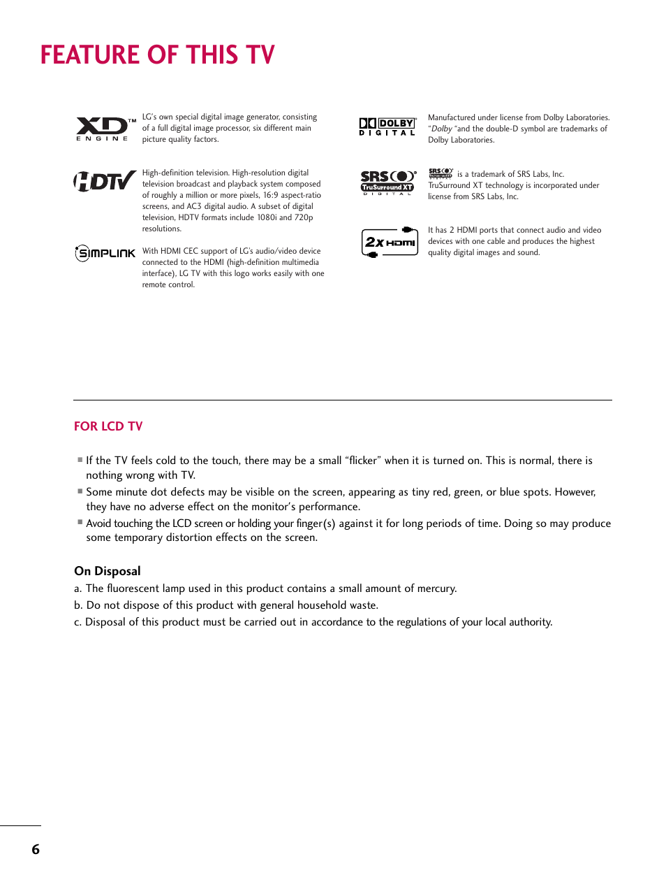 Feature of this tv, For lcd tv, On disposal | LG 37LC7D User Manual | Page 8 / 112