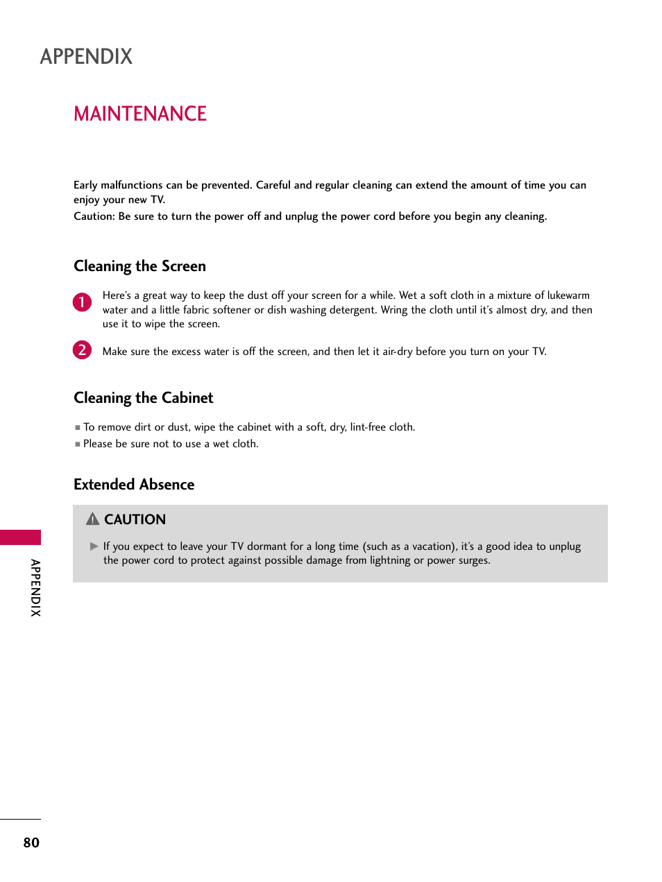 Maintenance, Appendix, Cleaning the screen | Cleaning the cabinet, Extended absence | LG 37LC7D User Manual | Page 82 / 112