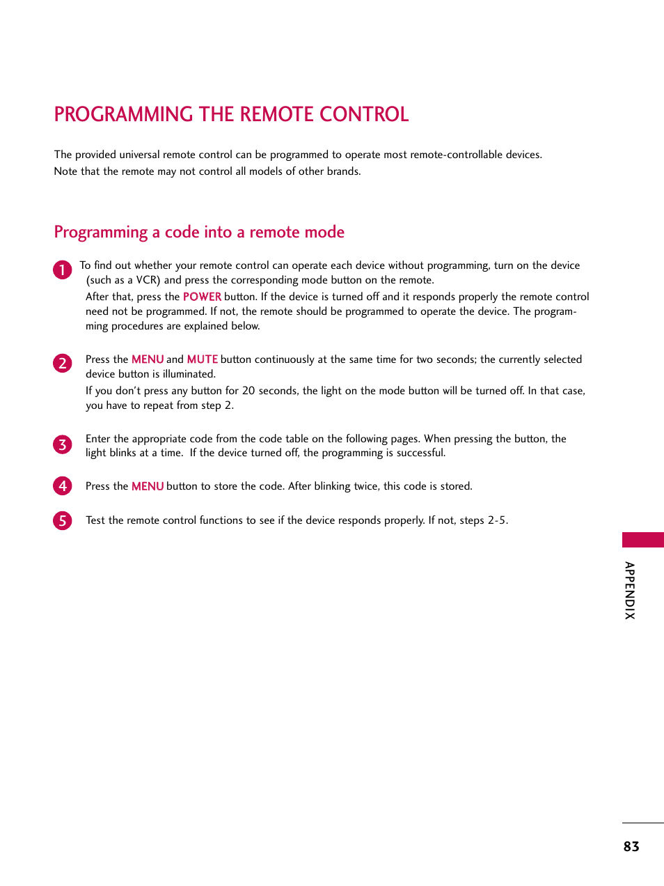 Programming the remote control, Programming a code into a remote mode | LG 37LC7D User Manual | Page 85 / 112