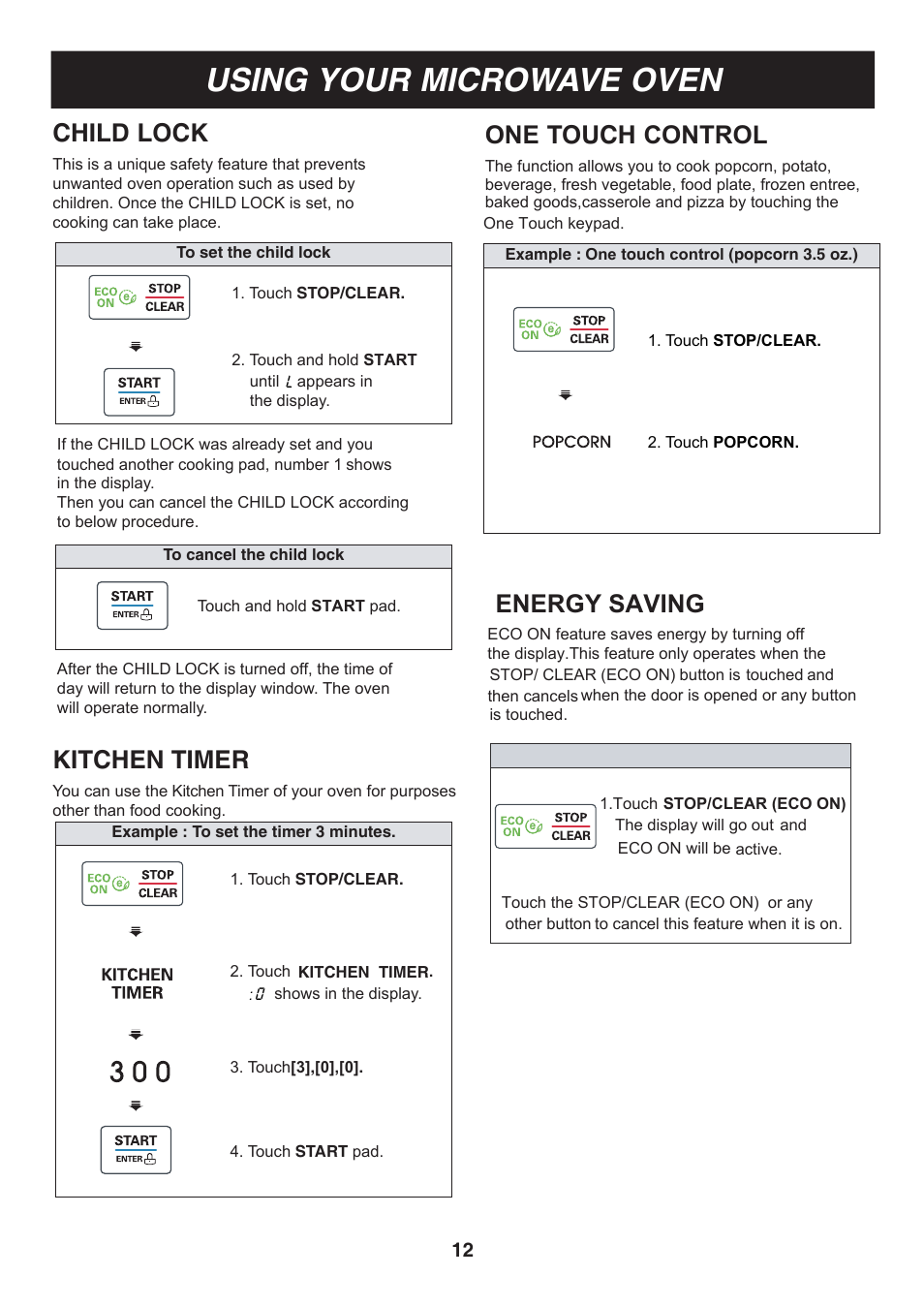 Using your microwave oven, Child lock, Kitchen timer | One touch control, Energy saving | LG LCS1112ST User Manual | Page 12 / 25